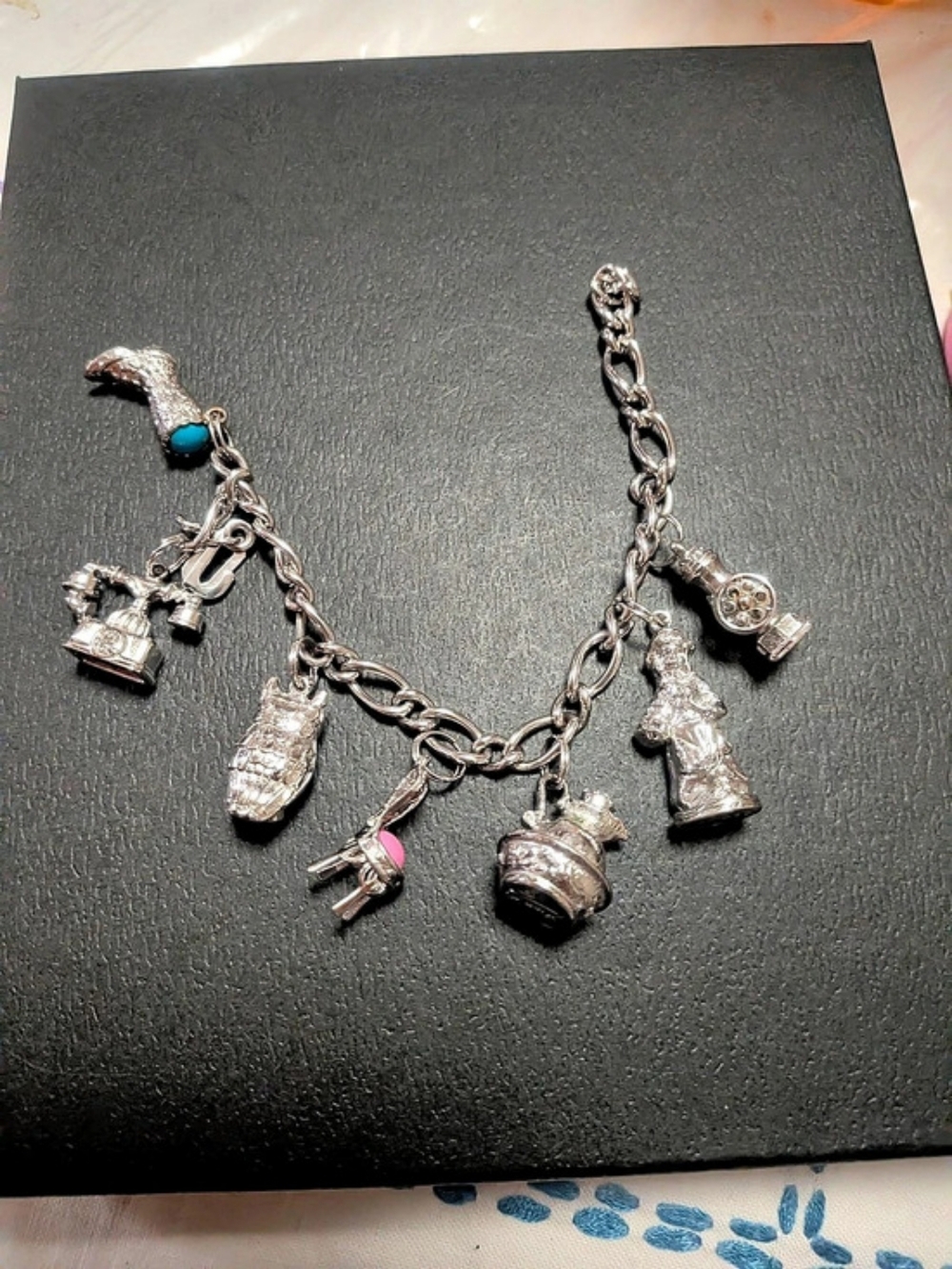 Vintage 1973 Avon Silver Tone Novelty Charm Bracelet Victorian Revival 7 Charms
